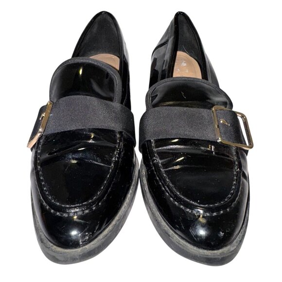 ZARA Vegan Patent Leather Loafers 38 7.5 Low Heel Buckle Detail Goth Preppy Faux - Picture 3 of 16